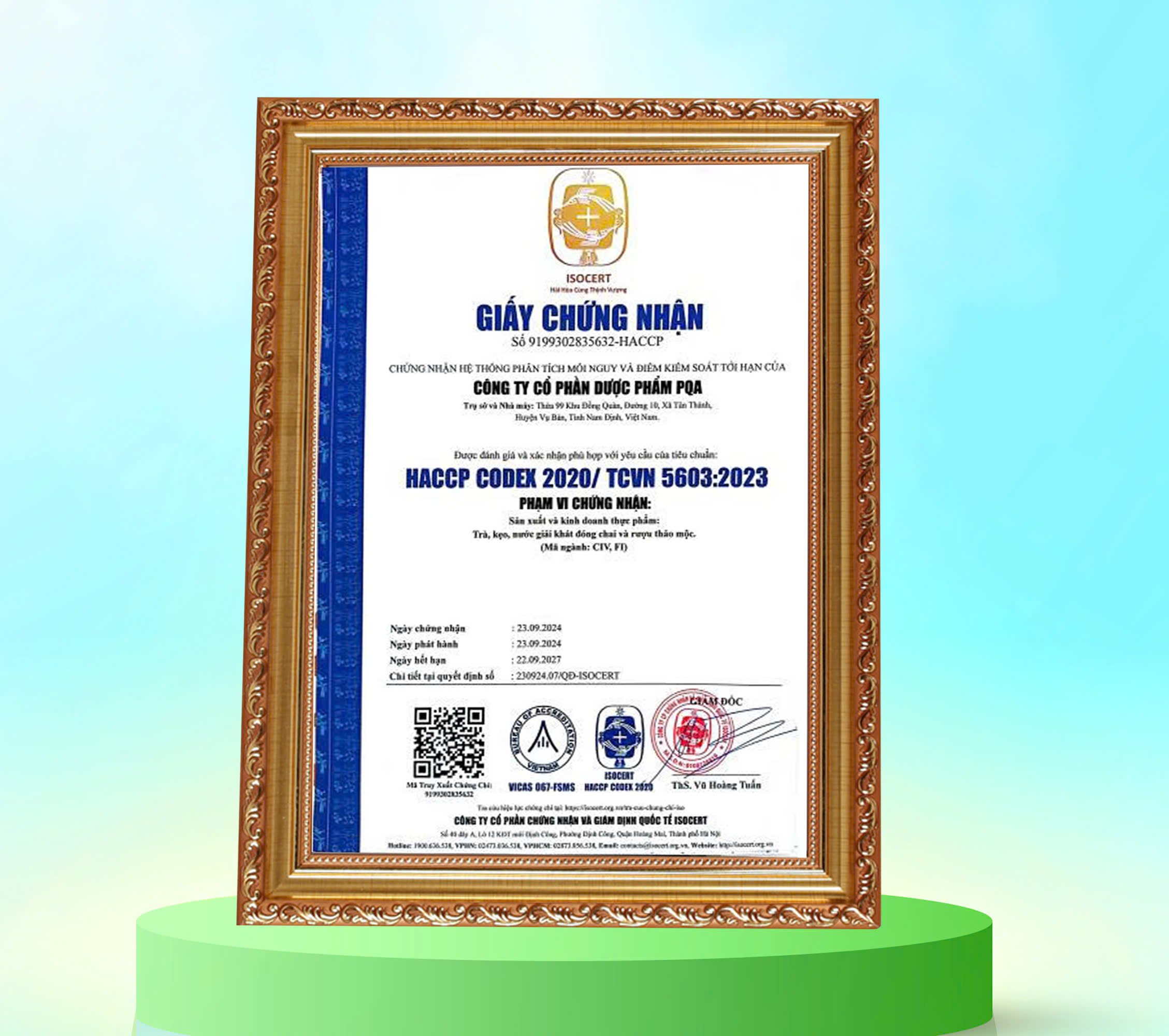 Dược phẩm PQA đạt tiêu chuẩn HACCP – Chứng nhận uy tín trong lĩnh vực an toàn thực phẩm theo tiêu chuẩn của Uỷ ban tiêu chuẩn Thực phẩm quốc tế (CODEX)